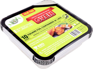 10PK Foil Containers W/Lids - 250MM x 250MM x 58MM
